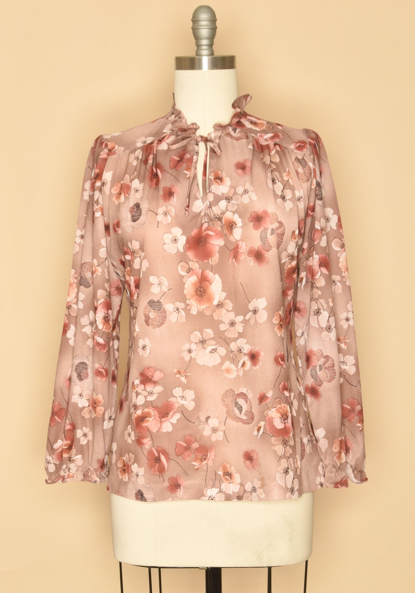 70s Floral Pussy Bow Secretary Blouse in brown