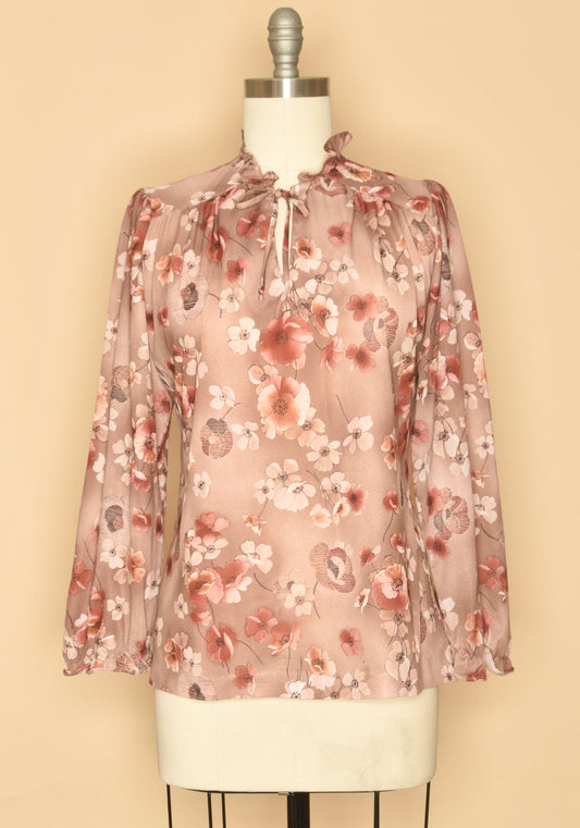 70s Floral Pussy Bow Secretary Blouse in brown
