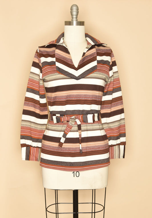 Vintage 1970's Collared Stripped Long Sleeve Top striped brow hues