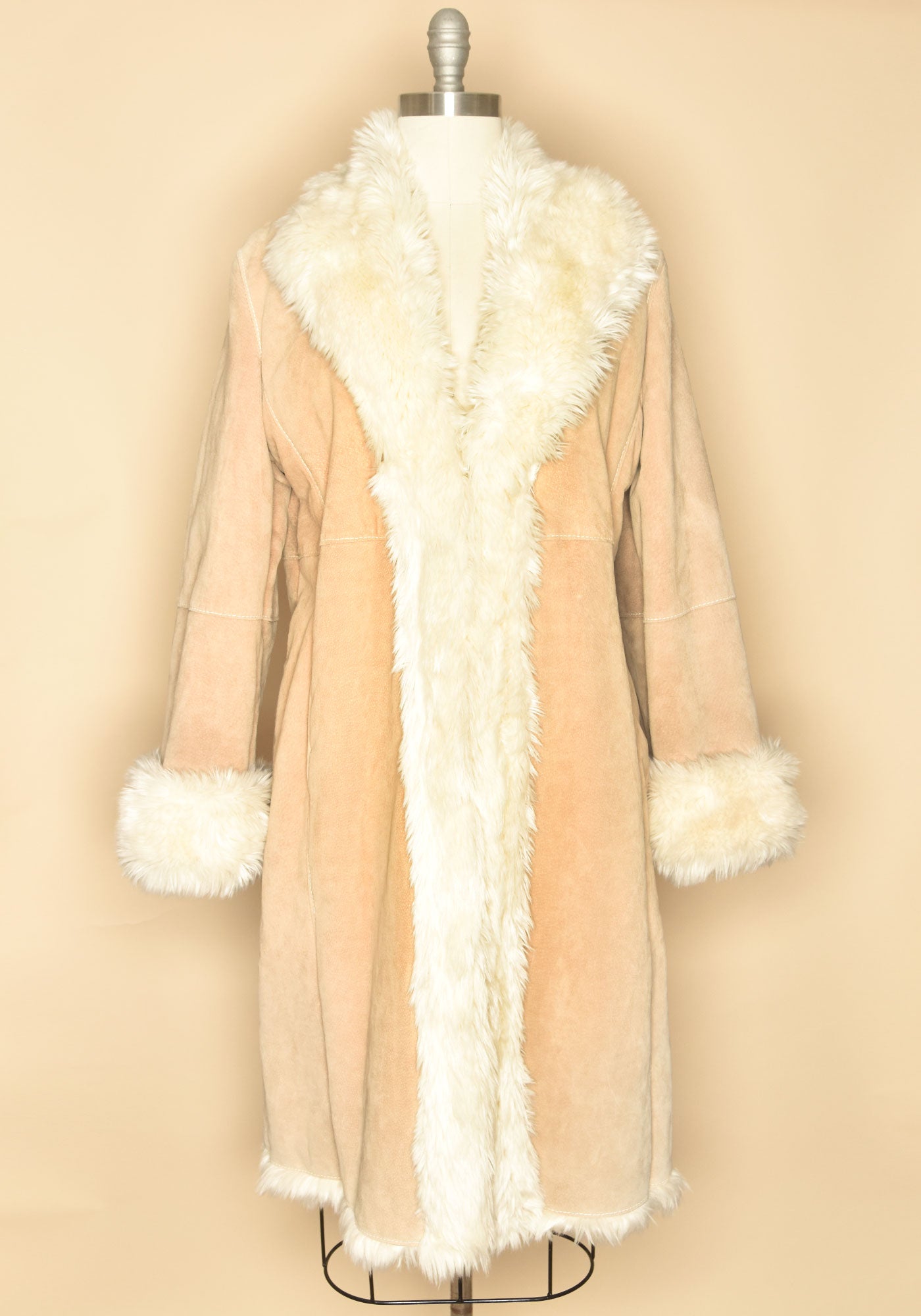 Vintage 1990's Penny Lane Shag Faux Fur Suede Coat-Tan Front View sand color