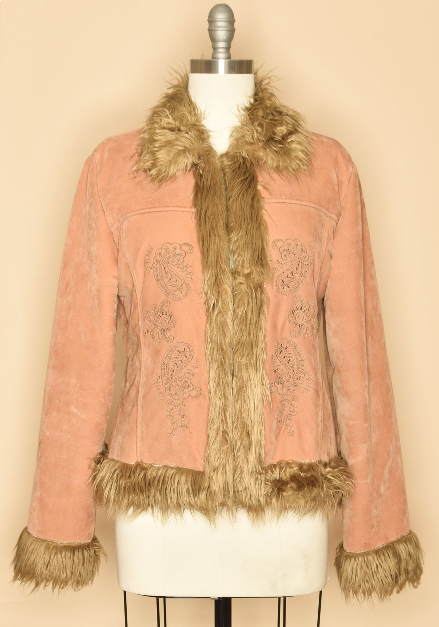 Vintage 1990's Vegan Suede Penny Lane Jacket brown embroidered detail