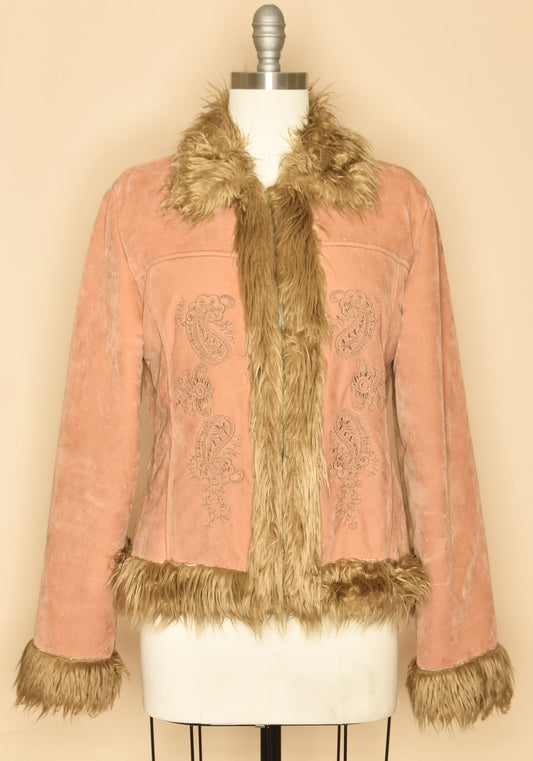 Vintage 1990's Vegan Suede Penny Lane Jacket brown embroidered detail