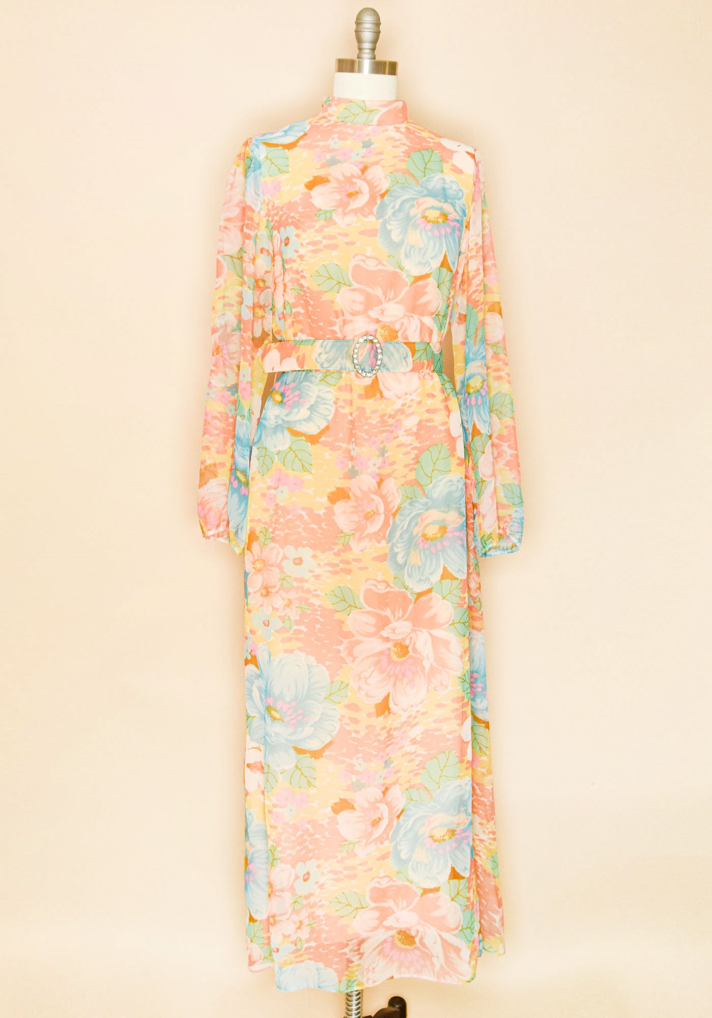 Vintage 1960's Floral Maxi Gown Dress With Belt
