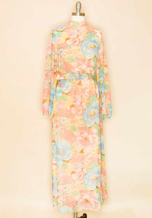 Vintage 1960's Floral Maxi Gown Dress With Belt