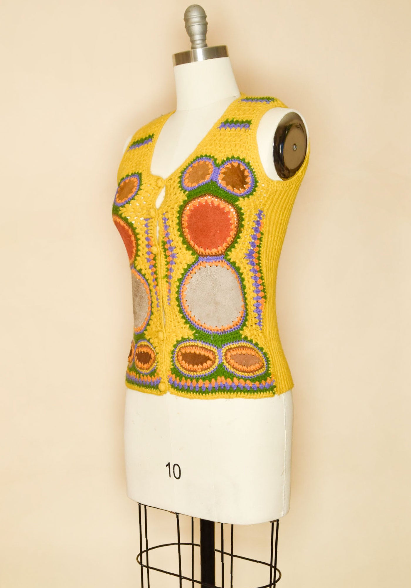 Vintage 1960s Acrylic Suede Patchwork Vest-Yellow-Side View