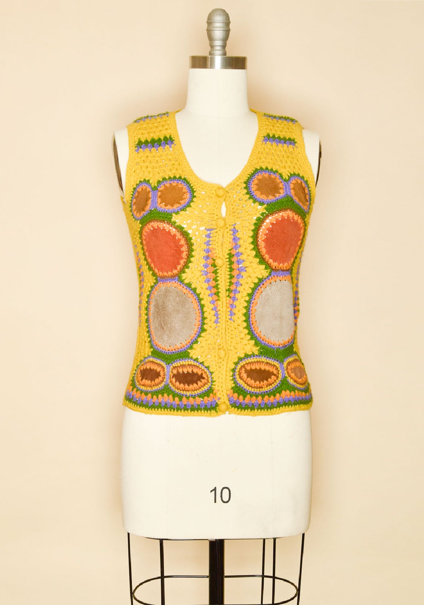 Vintage 1960s Acrylic Suede Patchwork Vest-Yellow-Front View