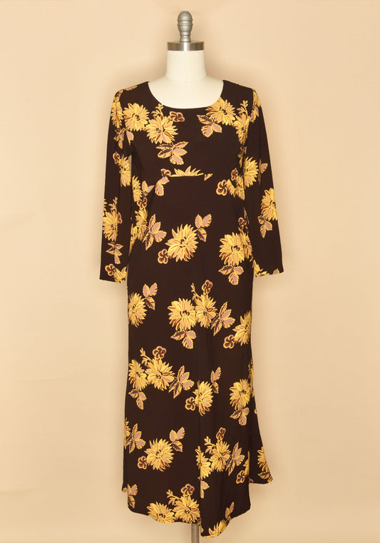 Vintage 1970s Floral Empire Waist Maxi Dress in brown and yellow