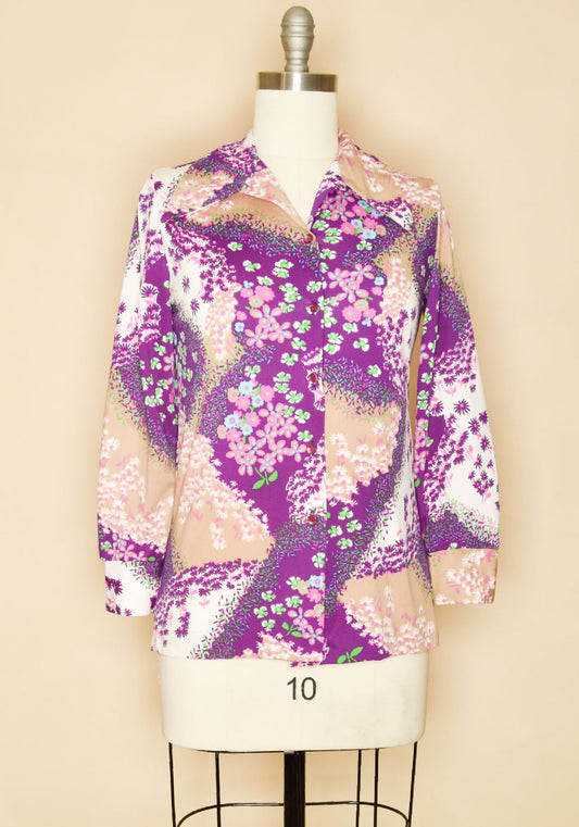 Vintage 1970's Graff Daisy Psychedelic Button Down Shirt-Multicolored-Front View
