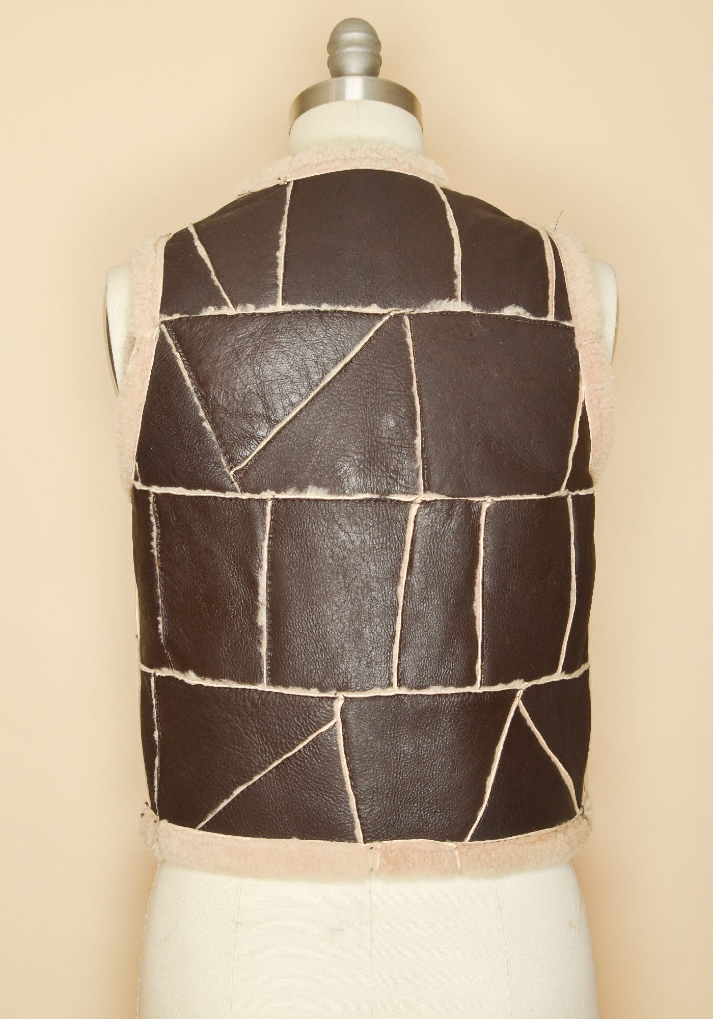 Vintage 1970's Patchwork Leather Shearling Vest-Brown-Back View