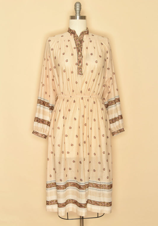 Vintage 1970's Floral Prairie Long Sleeve Midi Dress-Ivory with Brown Trim-Front View