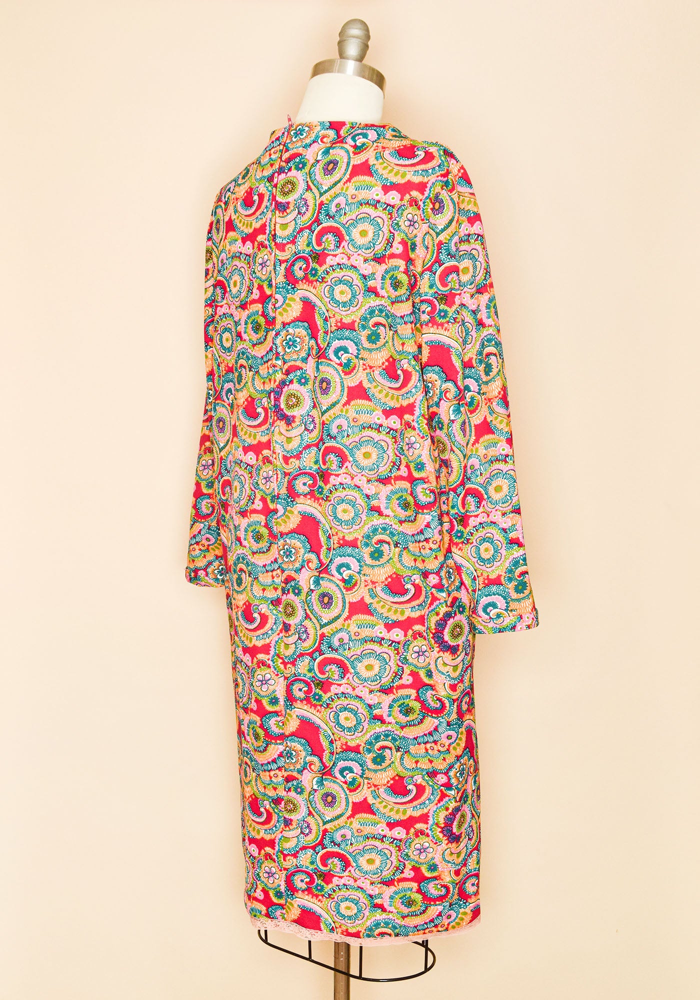 Vintage 1960's Handmade Psychedelic Floral Long Sleeve Dress-Back View