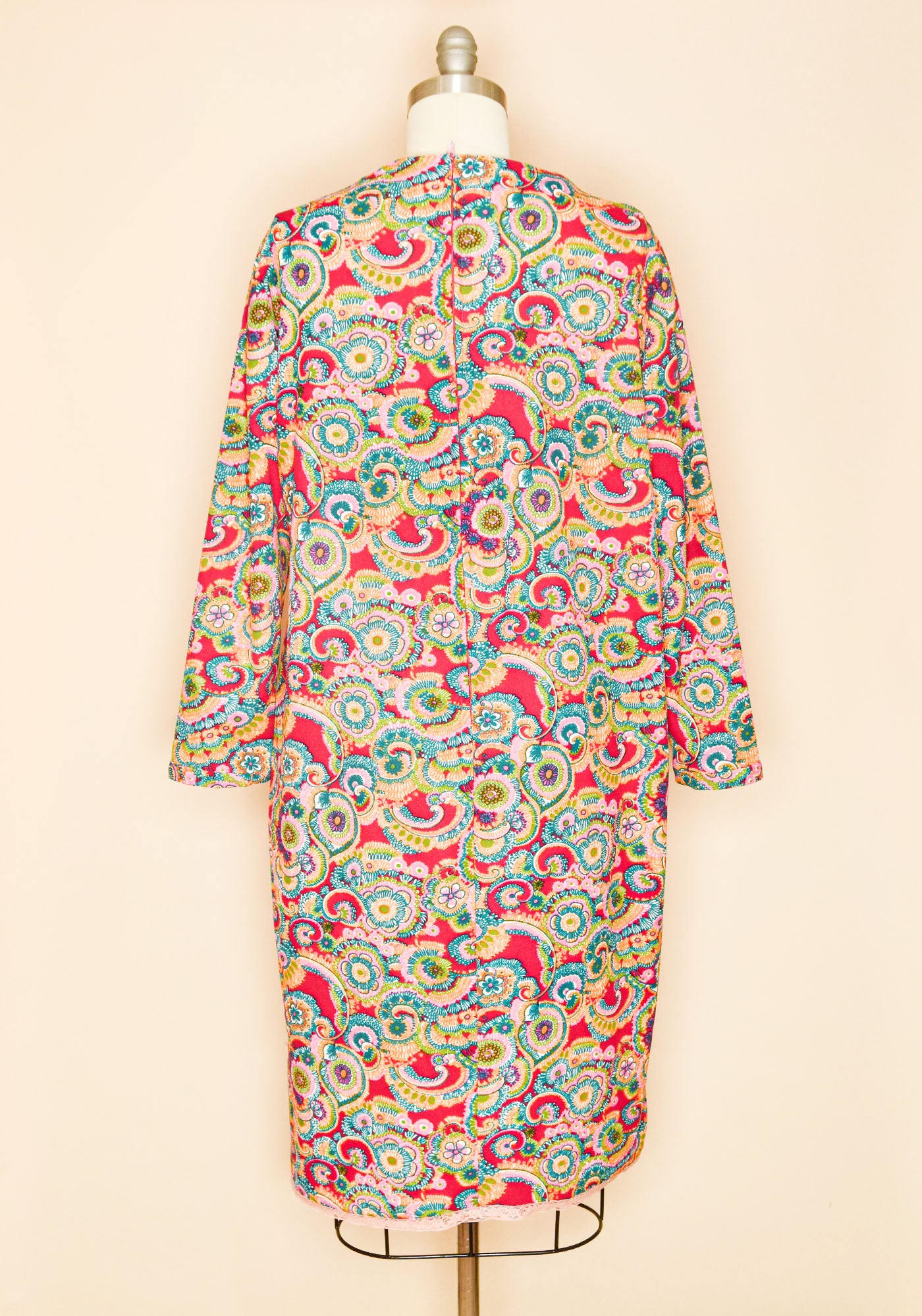 Vintage 1960's Handmade Psychedelic Floral Long Sleeve Dress-Back View 2