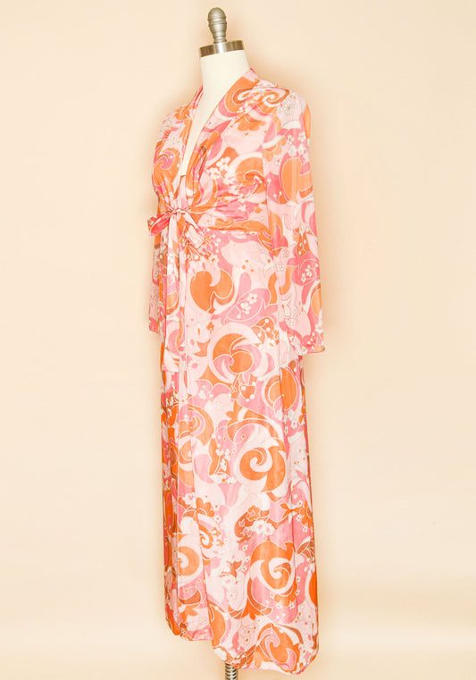 Vintage 1960's Groovy Floral Paisley Print Two Piece Night Gown and Robe Set- Side View