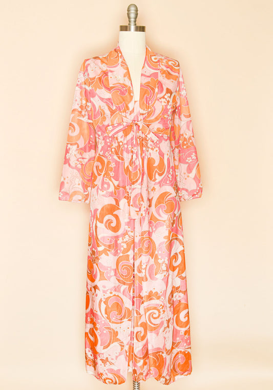 Vintage 1960's Groovy Floral Paisley Print Two Piece Night Gown and Robe Set- Robe View