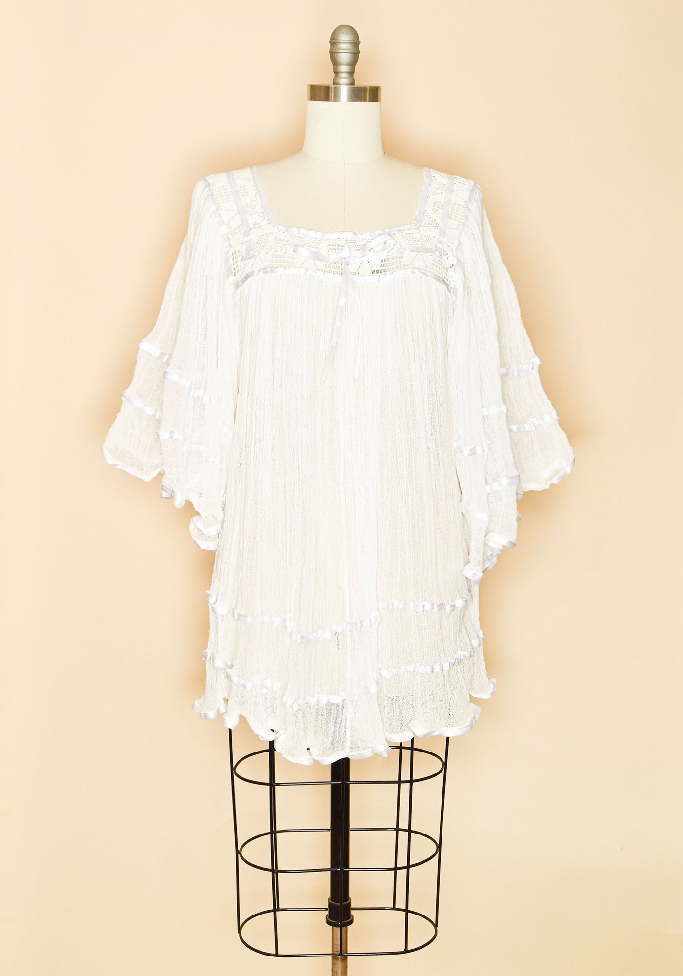 Mexican Cotton Gauze Bell Sleeve Tunic Dress- White-Front View 2
