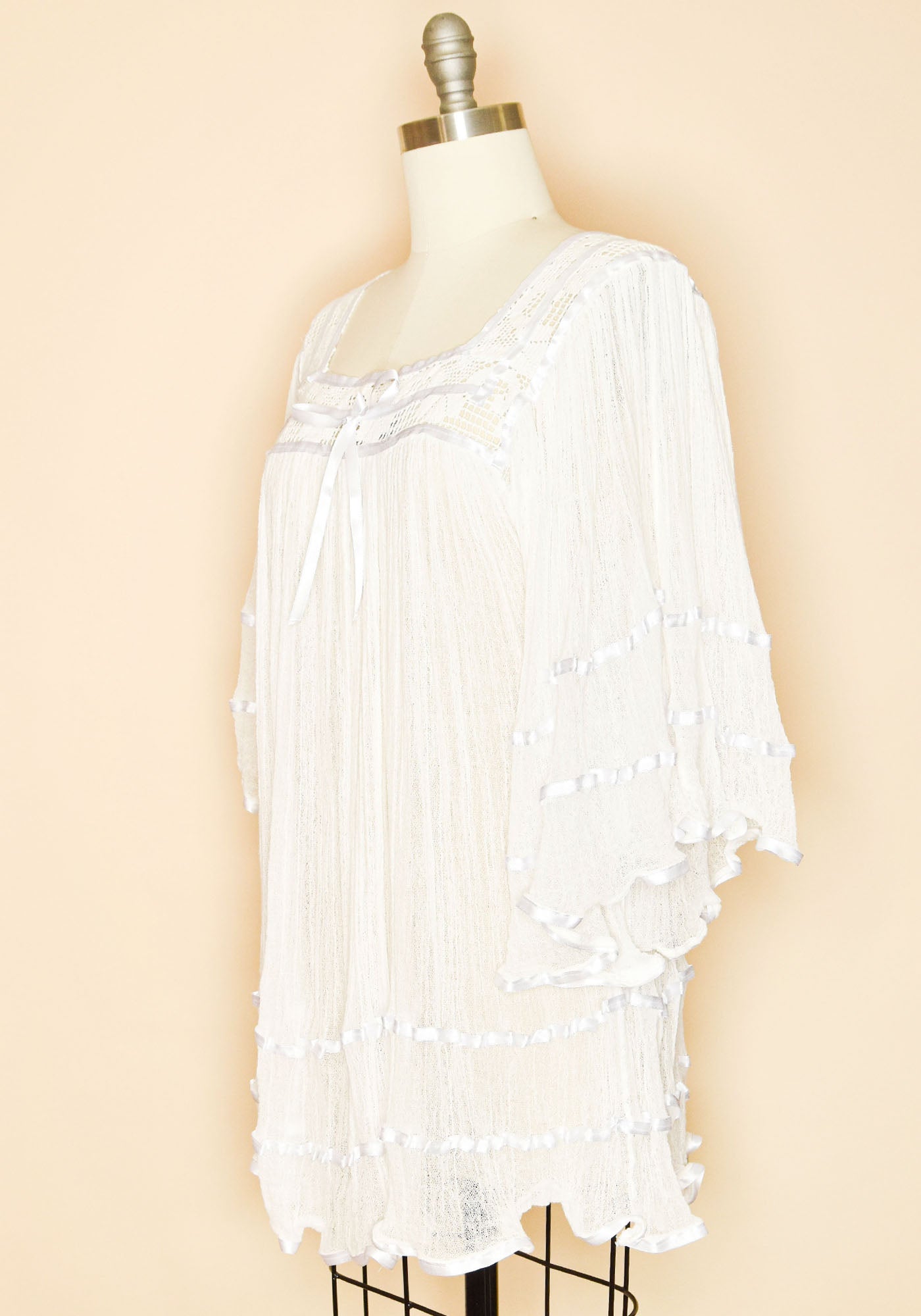 Mexican Cotton Gauze Bell Sleeve Tunic Dress- White-Side View