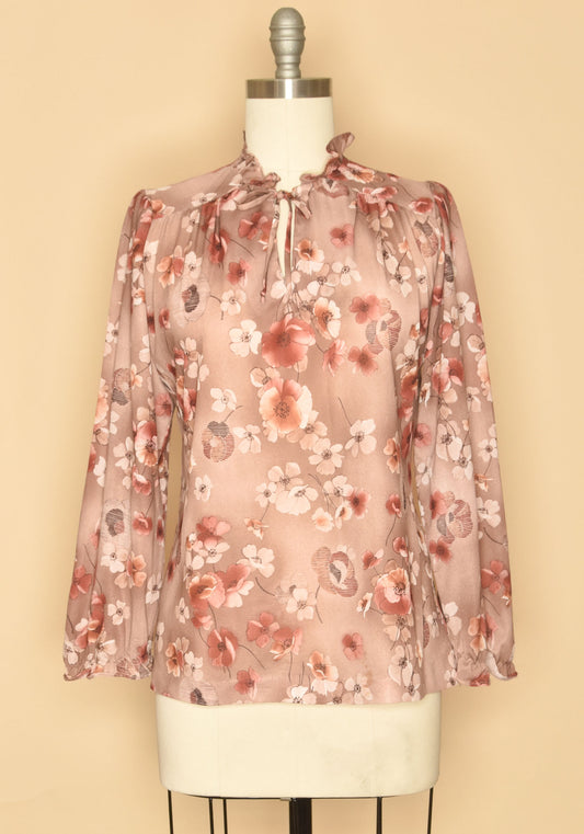 70s Floral Pussy Bow Secretary Blouse