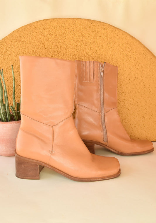 1990s Vintage Tan Square Toe Chunky Ankle Boots-Angled View