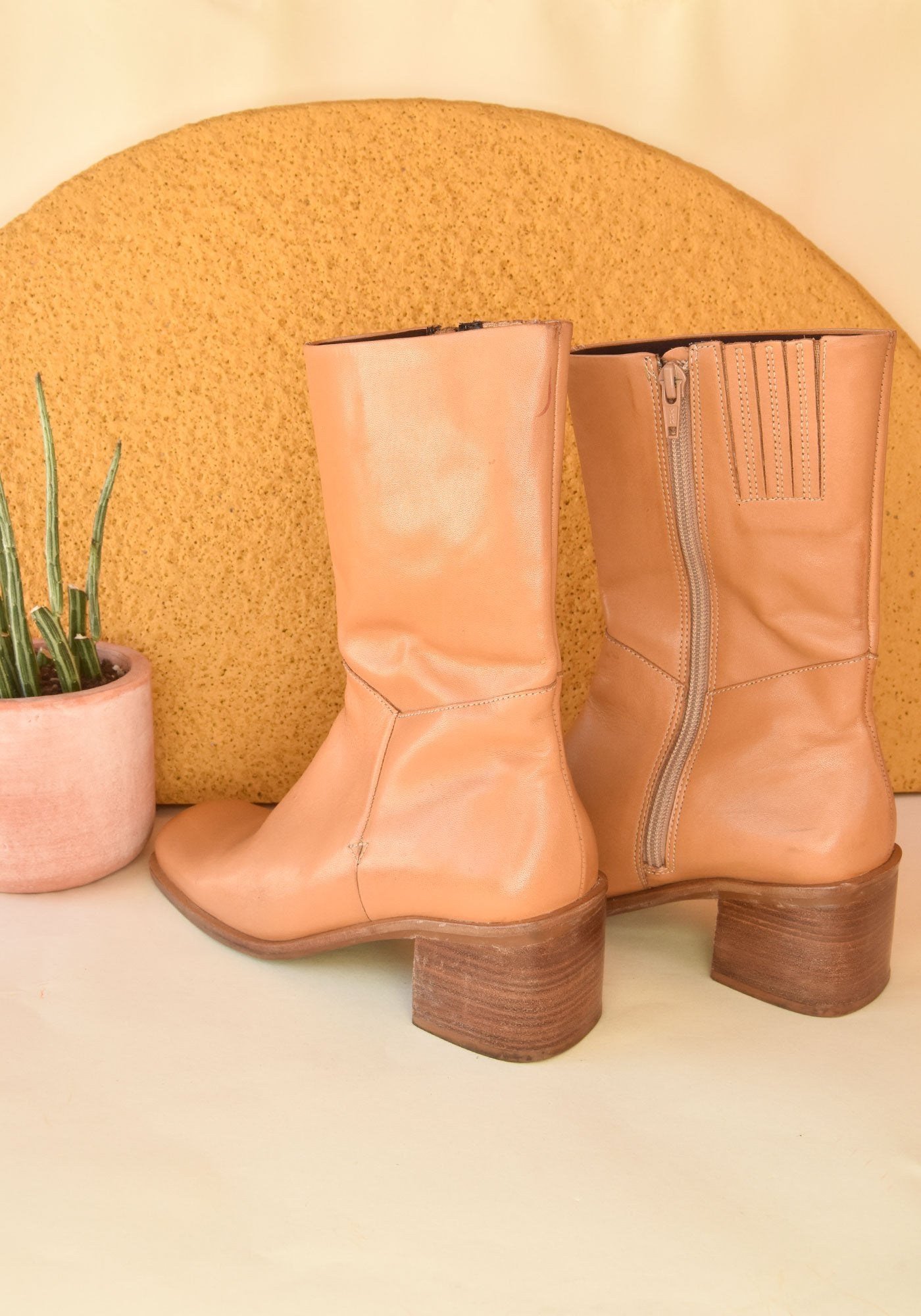 1990s Vintage Tan Square Toe Chunky Ankle Boots-Back View