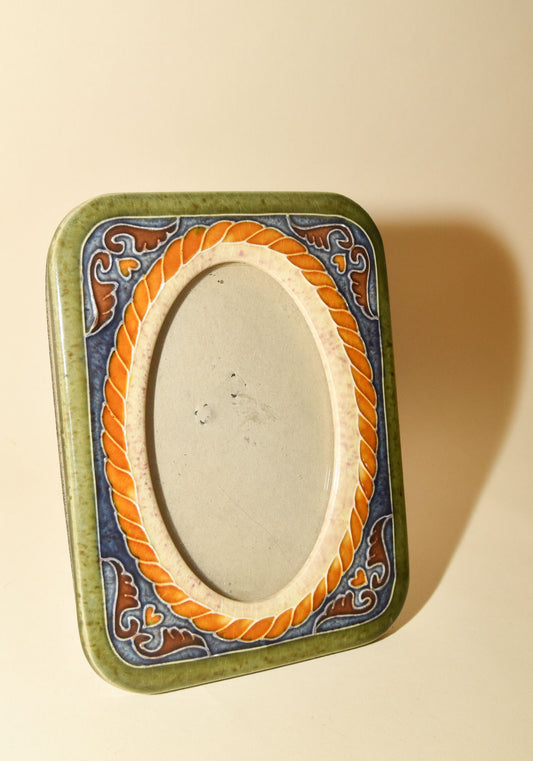 90s Stained Glass Oval  Picture Frame-Blue, Yellow, Green Side View