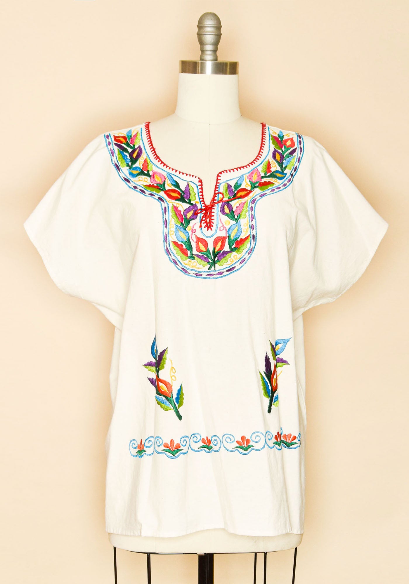 Mexican Cotton Embroidered Tunic Blouse-Ivory-Front VIew