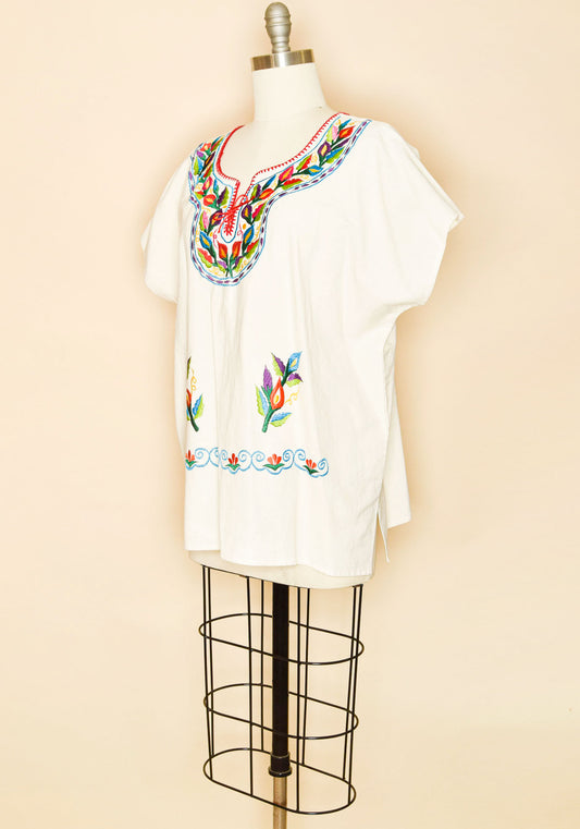 Mexican Cotton Embroidered Tunic Blouse-Ivory-Side View
