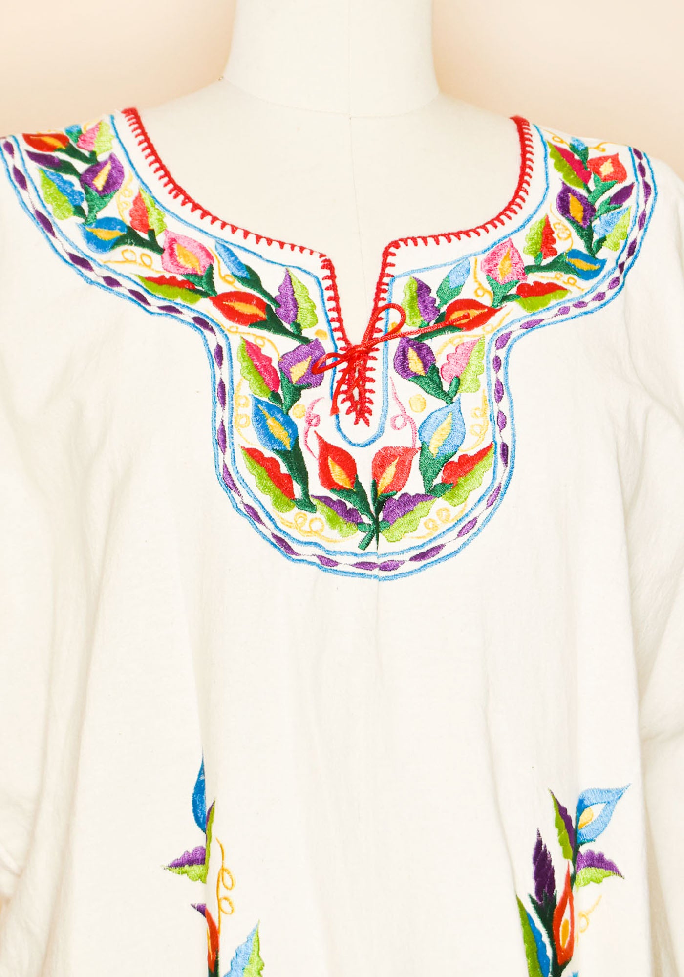 Mexican Cotton Embroidered Tunic Blouse-Ivory-Embroidery Detail Shot