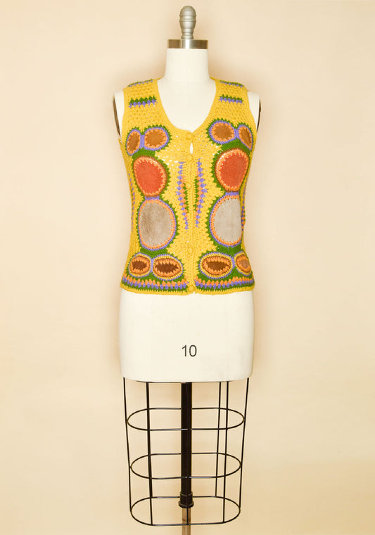 Vintage 1960s Acrylic Suede Patchwork Vest-Yellow-Full Length