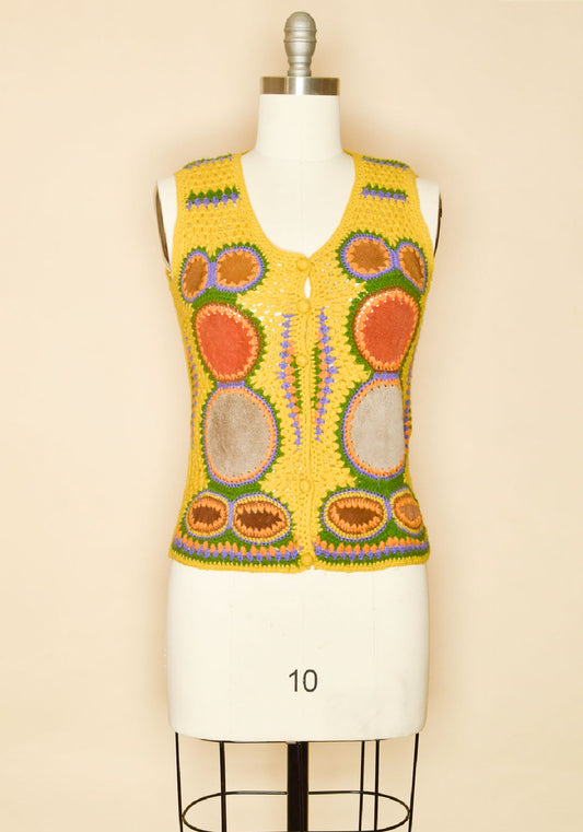 Vintage 1960s Acrylic Suede Patchwork Vest-Yellow-Front View