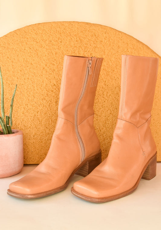 1990s Vintage Tan Square Toe Chunky Ankle Boots Side Profile