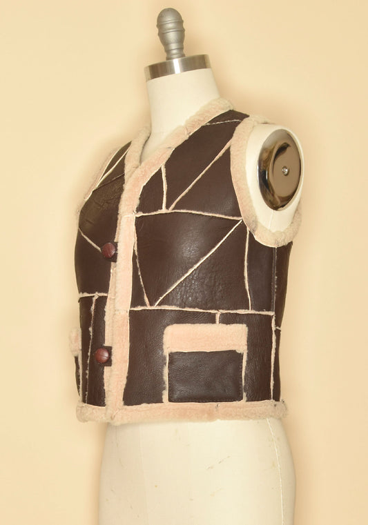 Vintage 1970's Patchwork Leather Shearling Vest-Brown-Side View