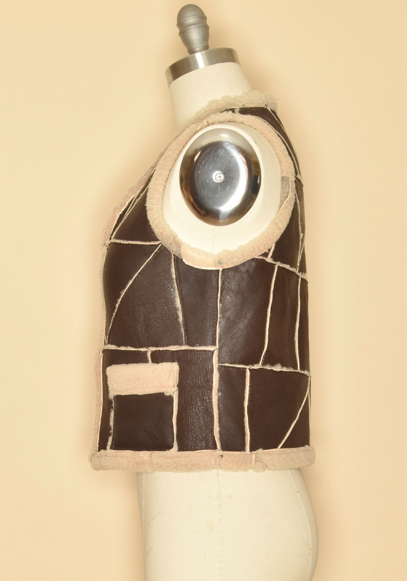 Vintage 1970's Patchwork Leather Shearling Vest-Brown-Side View 2