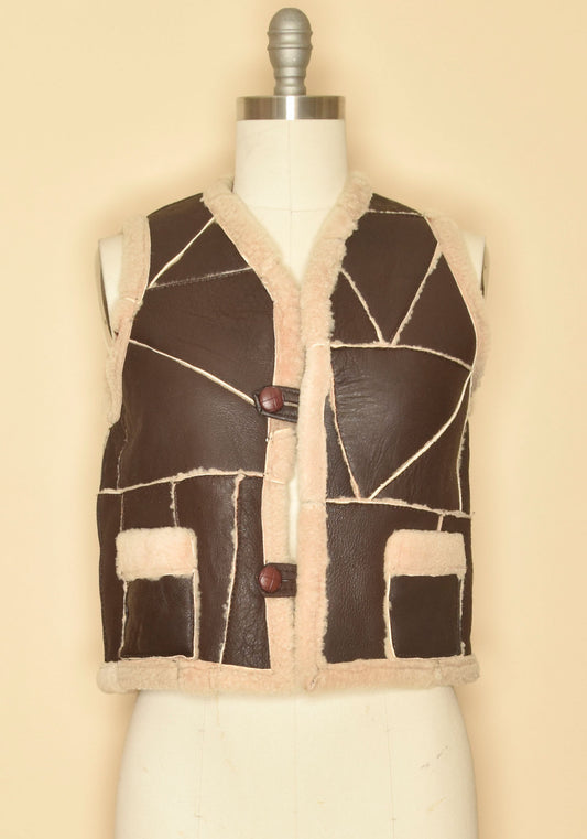 Vintage 1970's Patchwork Leather Shearling Vest-Brown-Front View