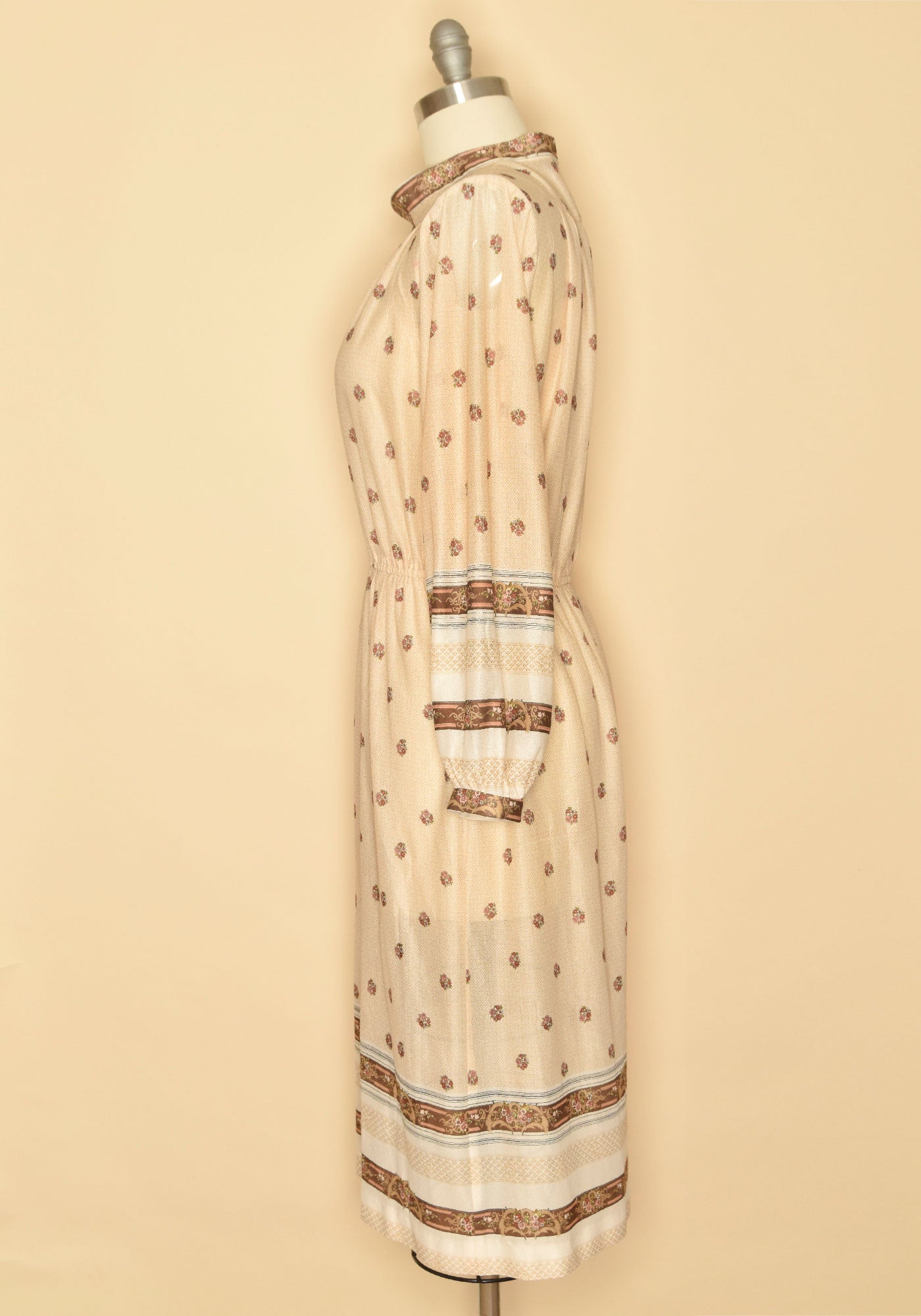 Vintage 1970's Floral Prairie Long Sleeve Midi Dress-Ivory with Brown Trim-Side View 2