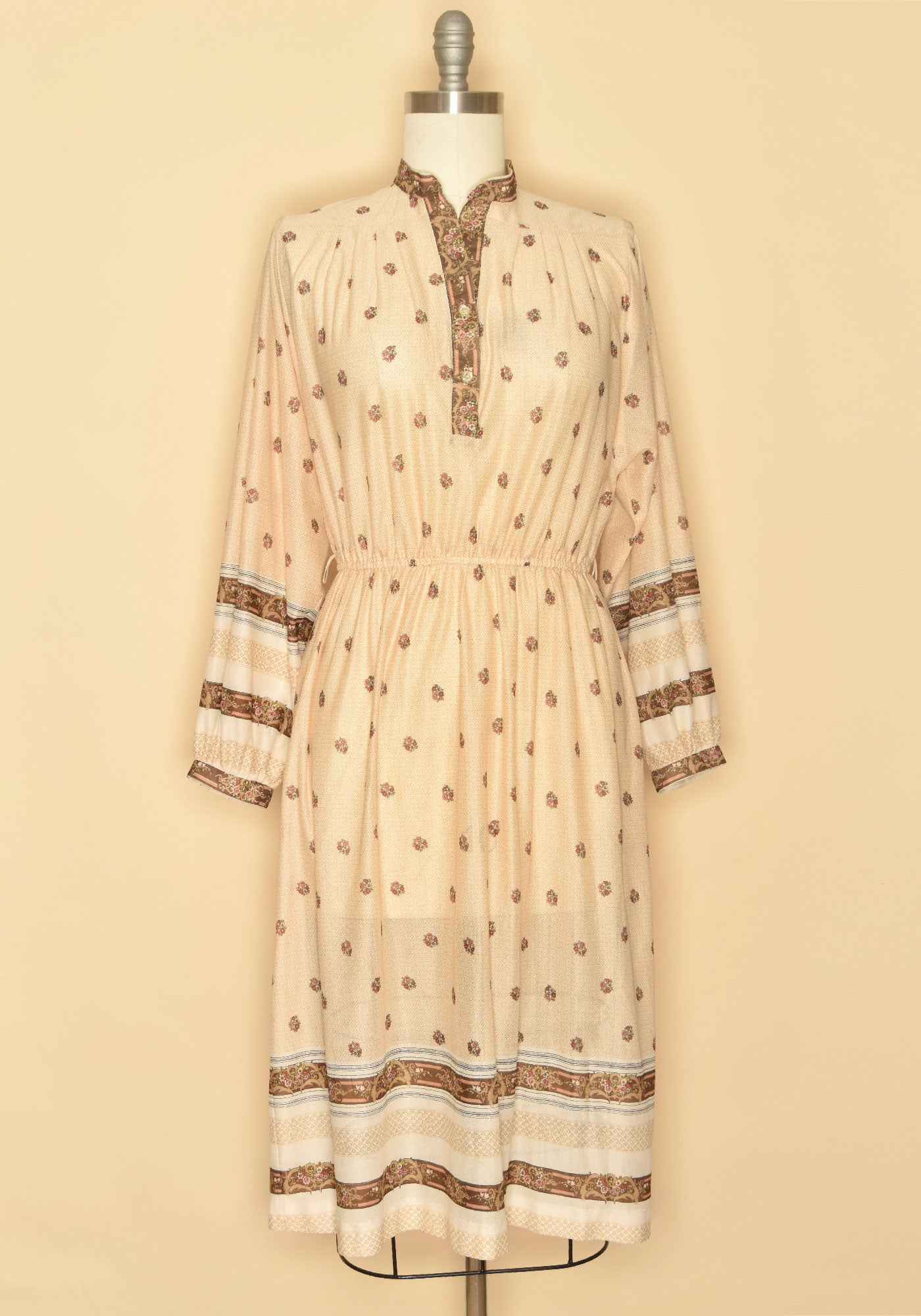 Vintage 1970's Floral Prairie Long Sleeve Midi Dress-Ivory with Brown Trim-Front View