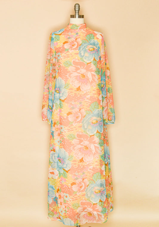 Vintage 1960's Floral Maxi Gown Dress With Belt-Front View