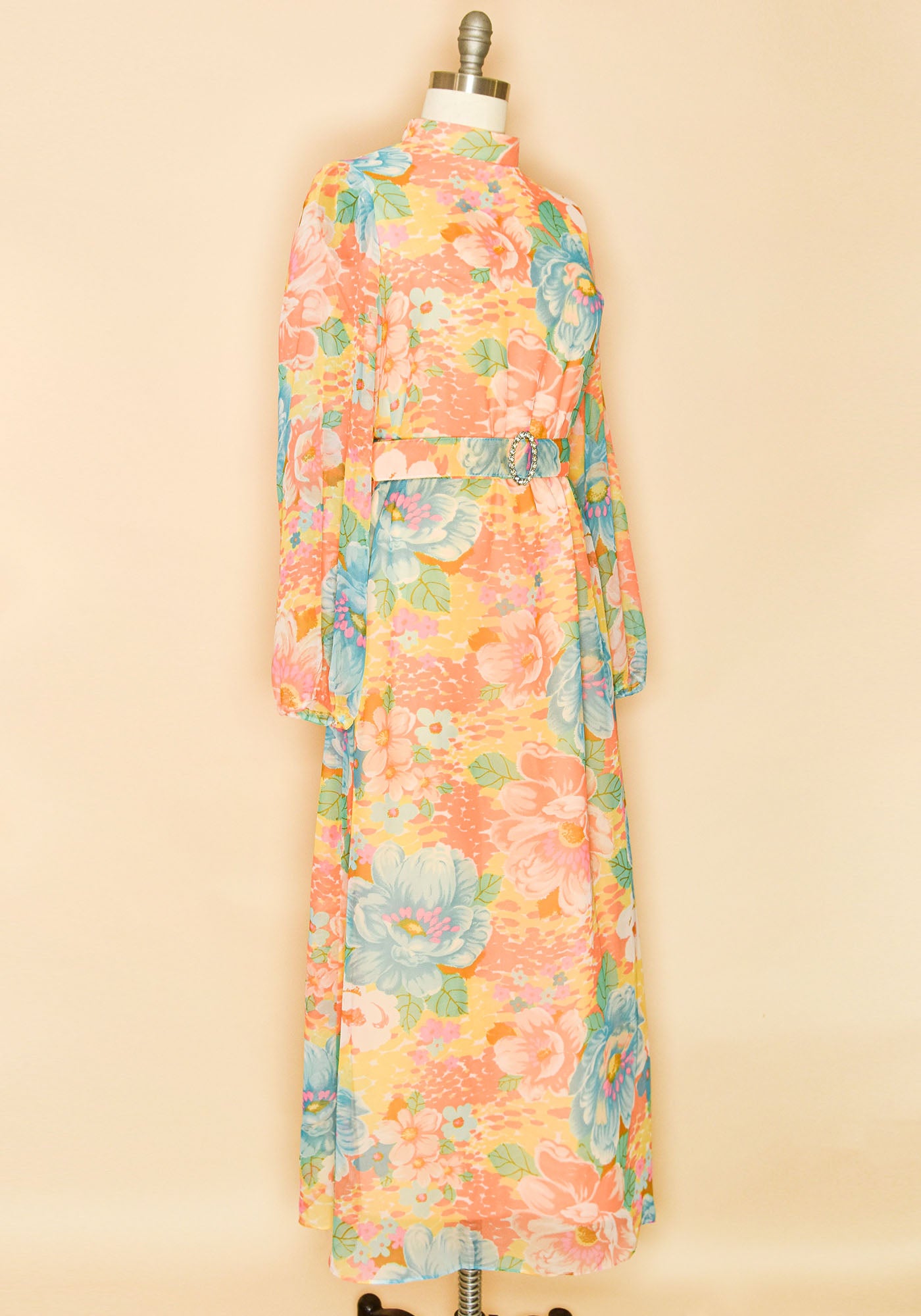Vintage 1960's Floral Maxi Gown Dress With Belt-Side View