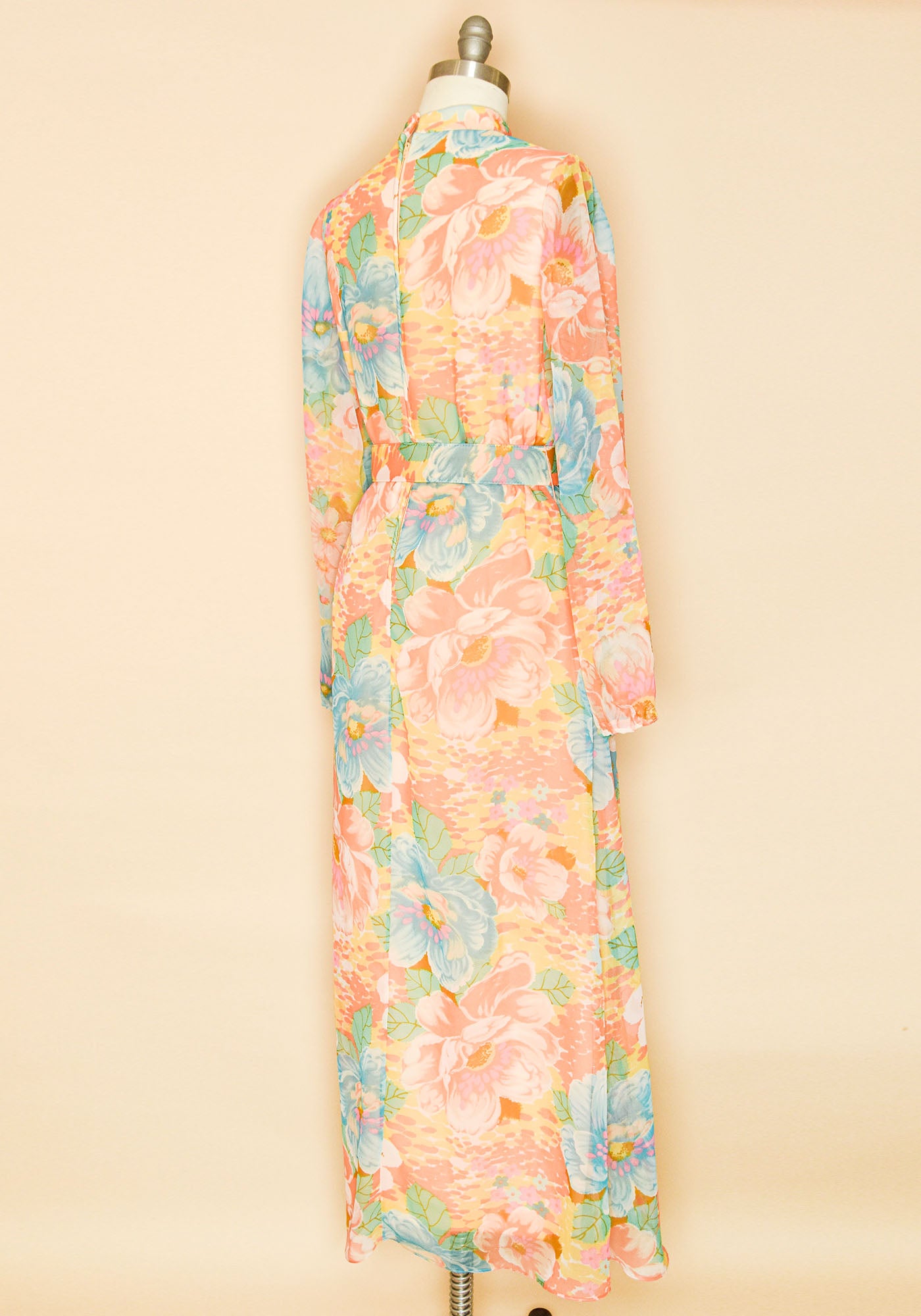 Vintage 1960's Floral Maxi Gown Dress With Belt- Back View