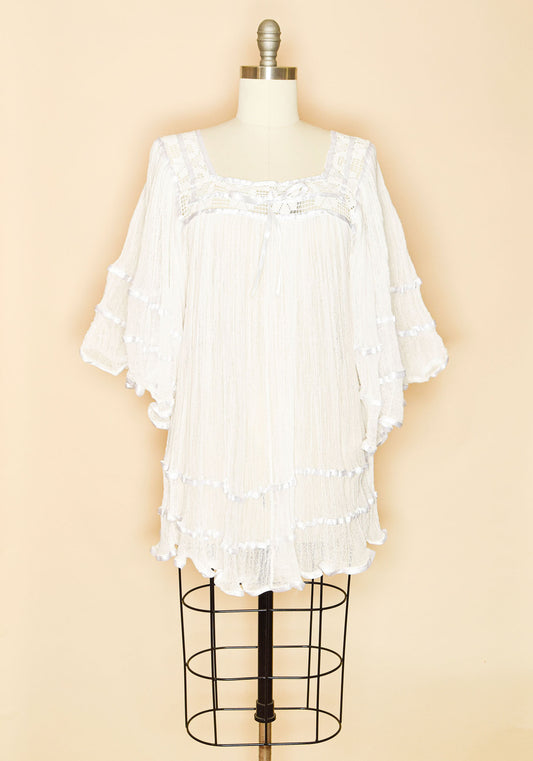 Mexican Cotton Gauze Bell Sleeve Tunic Dress- White-Front View 2