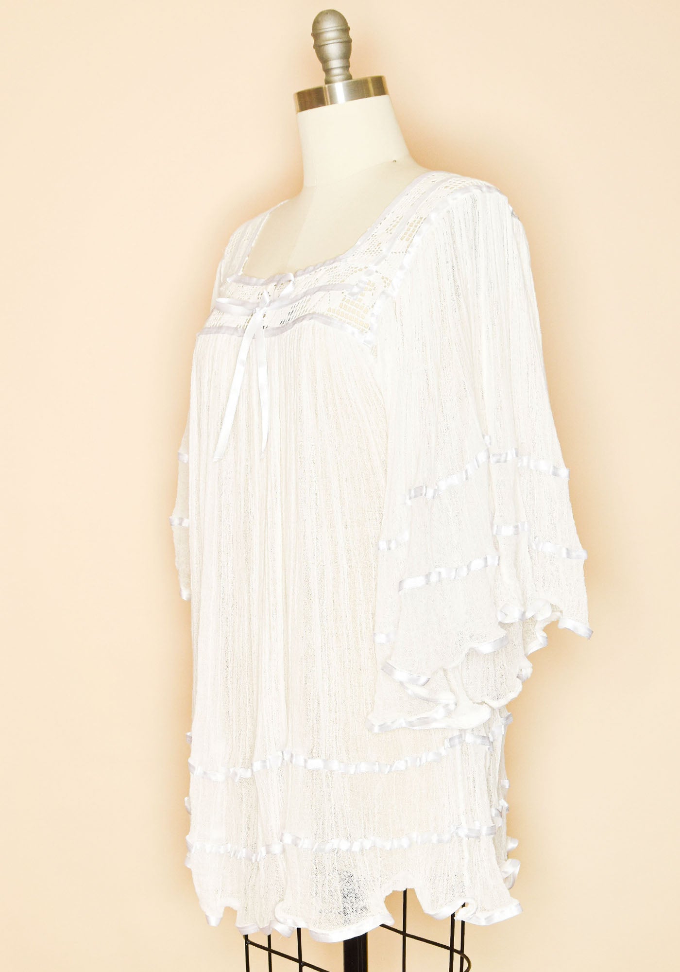 Mexican Cotton Gauze Bell Sleeve Tunic Dress- White-Side View 