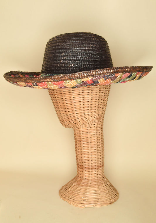 Vintage 1990's Rainbow Woven Palm Hat-Black- Side View